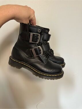 Dr. Martens Black Leather Buckle Combat Boots with Yellow Welt Stitching